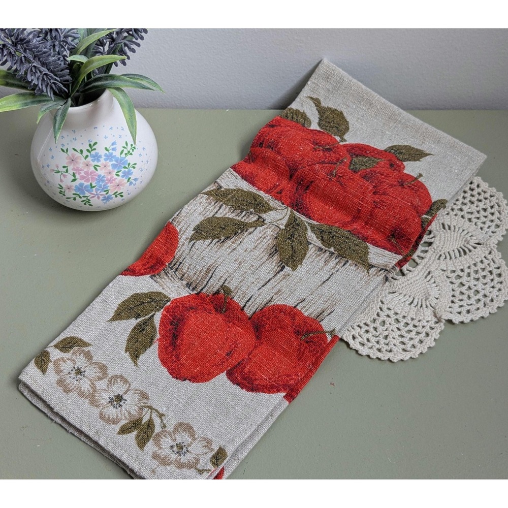 Vintage Apple Tea Towel 1960s Linen Kitchen Towel Red Fruit Print
